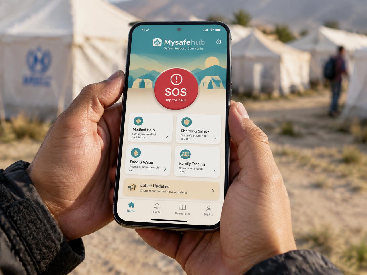 Hands holding a smartphone showing the Mysafehub home screen with its SOS button at a relief camp
