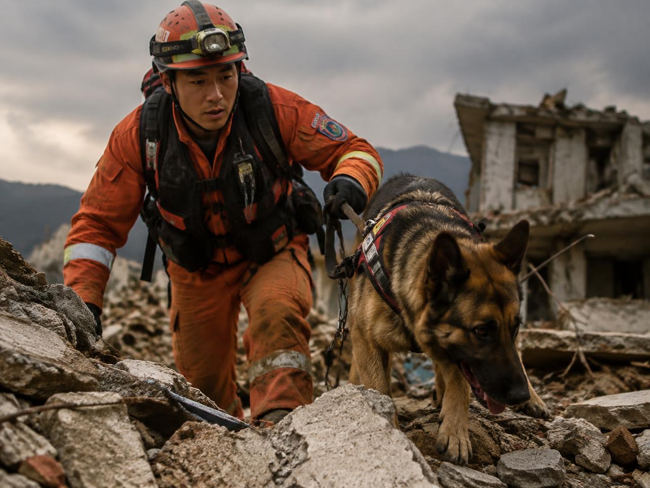 A search-and-rescue worker guiding a rescue dog through rubble