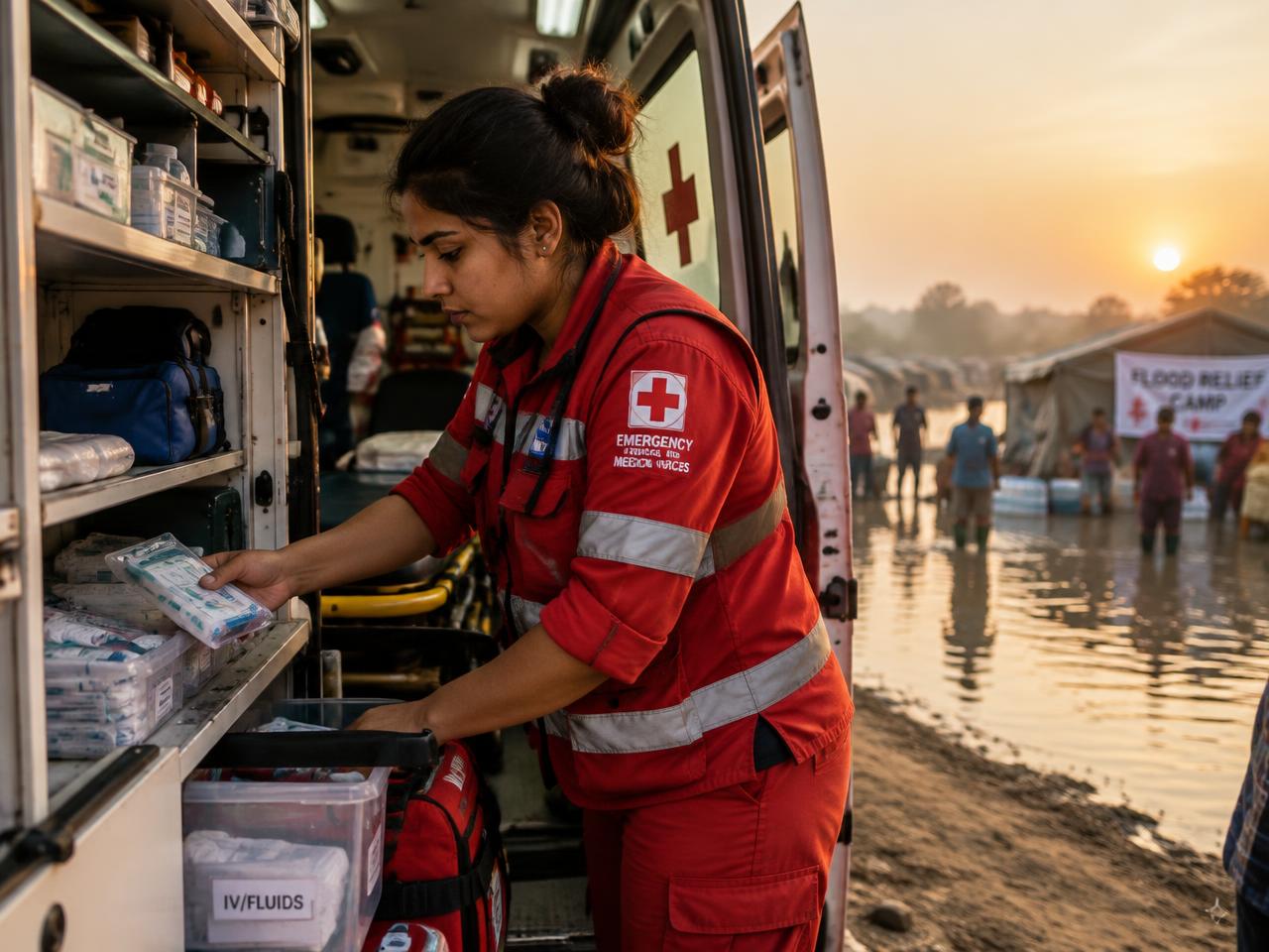 An emergency medical worker checking ambulance supplies at a flood relief camp