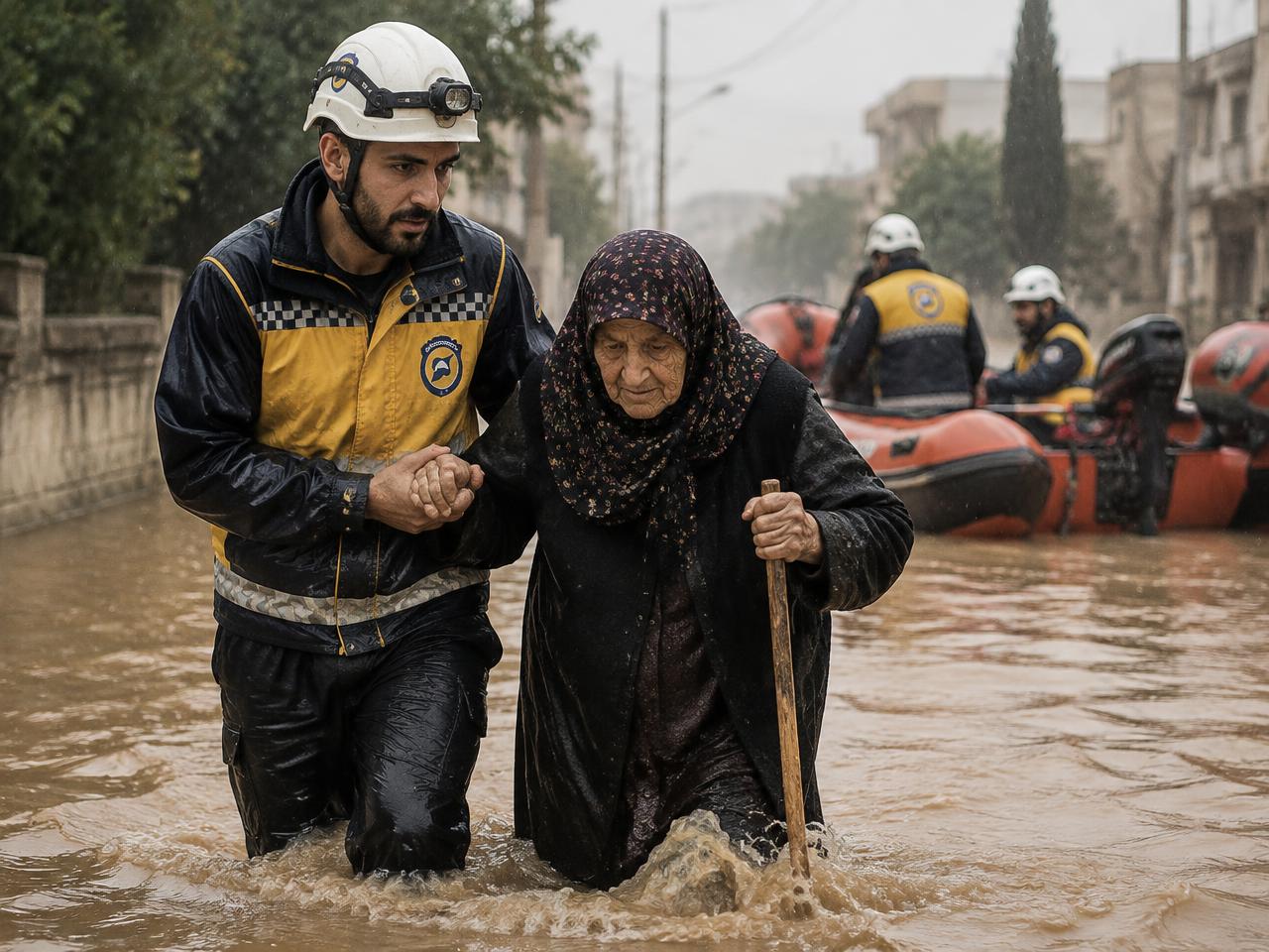 A civil defense volunteer helping an elderly woman through a flooded street
