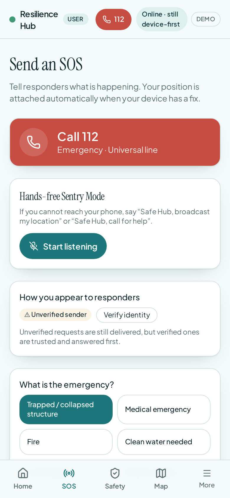 Mysafehub one-touch emergency categories: trapped, medical, fire, water, food and threat
