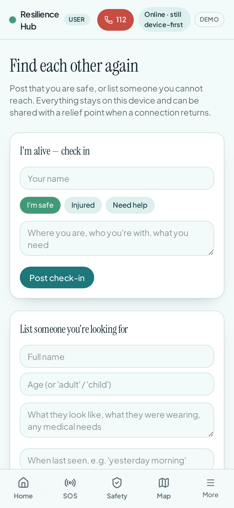 Mysafehub family reunification screen with missing person search and an I'm alive check-in