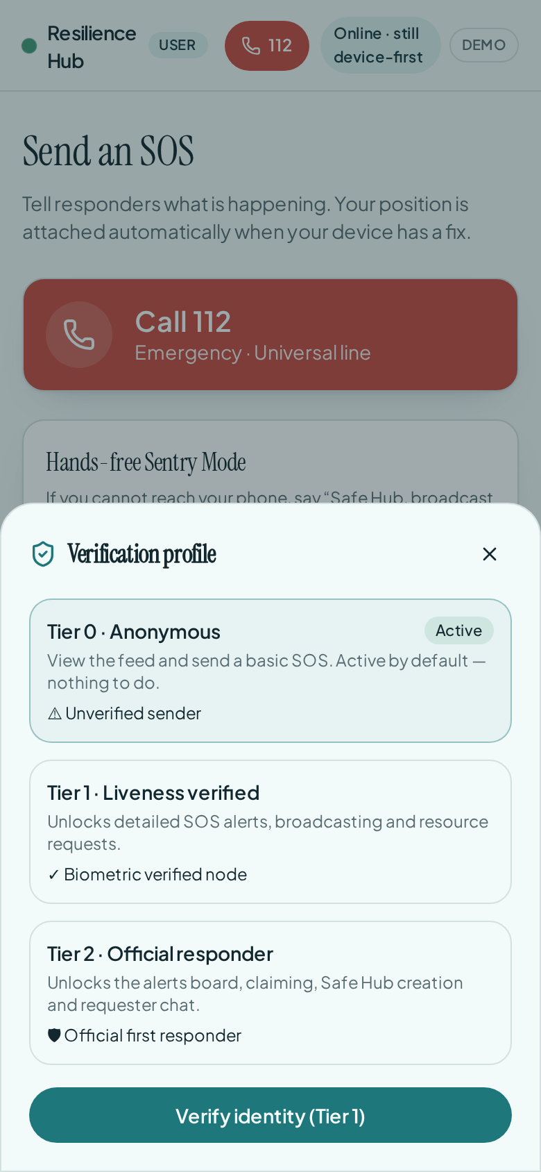 Mysafehub identity verification screen showing anonymous, biometric verified and official responder levels